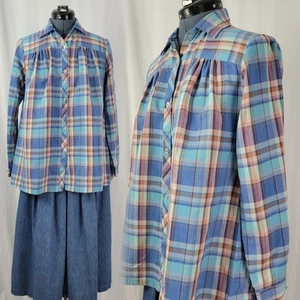 Vintage Blue & Coral Plaid Button Down Collared Maternity Top w Yoke Size 10 - Picture 1 of 20