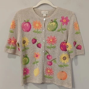 Vintage Fruit Cardigan Linen Cotton Short Sleeve size Medium Open Knit - Picture 1 of 11