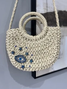 Beautiful Evil Eye Straw Bag with Draw String Liner Detachable Shoulder Strap - Picture 1 of 2