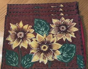 4 Yellow Flowers, Red & Green Cotton Blend 12.25x18”” Placemats, Solid Red Back - Picture 1 of 4