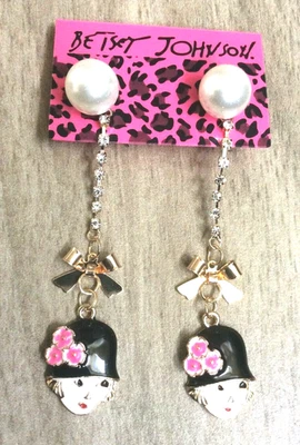 Betsey Johnson Pierced Stud Earrings with Dangling Ladies Face with a Black Hat! - Image 1 of 2