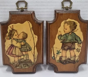 Vintage Decoupage Wall Art - Two Children Kissing & Boy With Fence, Wood Backing - Picture 1 of 3