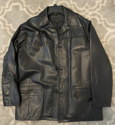 Abrigo Banana Republic de cuero negro con botones chaqueta grande para hombre pesado usado en excelente estado Foto 1 de 4