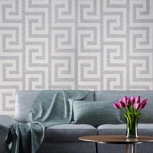 Gray off white faux weave Woven Raffia fabric Greek key Luna retreat wallpaper - Picture 1 of 14