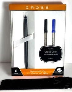 CROSS MATTE BLACK CLICK GEL PEN & POUCH W 2 EXTRA GEL REFILLS #AT0622D-102/17 - Picture 1 of 8