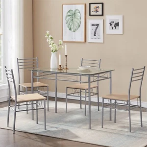 5Pcs Dining Table Set Metal Glass Table and 4 Chairs Kitchen Breakfast Home - Picture 1 of 11