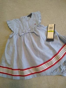 Tommy Hilfiger Size 6-9 Months Blue with Red Stripe Cotton Dress NEW w/Panty - Picture 1 of 4
