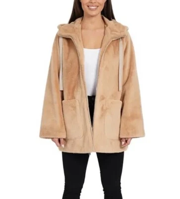 Casaco de pele sintética feminino Love Token novo com etiquetas com capuz bege tamanho G - Imagem 1 de 2