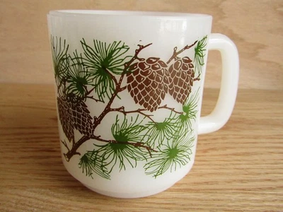 Vintage GLASBAKE Milk Glass Coffee Cup, Evergreen Branch Pinecones. - Image 1 of 4