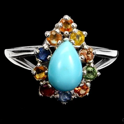 925 Sterling Silver Ring Pear Turquoise 8x6mm Sapphire Gemstone Jewelry Size 8.5 - Image 1 of 4