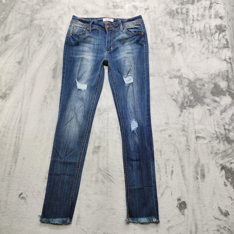 Jeans feminino quase famoso 11 juniores azul cintura média punho rolante magro desgastado - Imagem 1 de 4