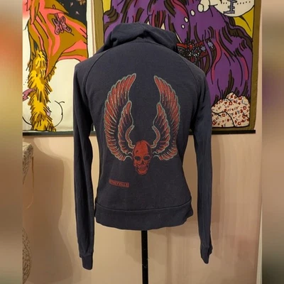 Sudadera con capucha azul con diseño de calavera alada roja Foto 1 de 4