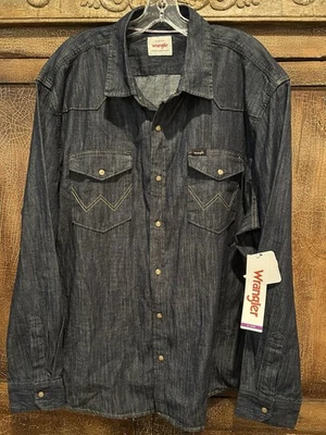 Men's NWT XXL Wrangler Retro Blue Denim LS Pearl Snap Shirt - Image 1 of 4