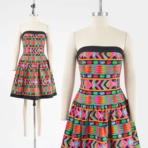 Vintage 80s AJ Bari Strapless Geometric Striped Cotton Full Mini Dress S - Bild 1 von 8