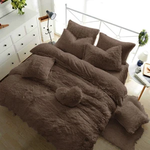 TEDDY BEAR FLEECE DUVET COVER WARM FITTED SHEET + PILLOW CASE CHOCOLATE BROWN - Picture 1 of 20