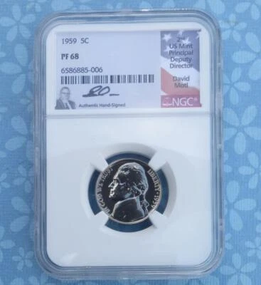1959 NGC PF 68 Jefferson Nickel, Gem Proof 68, David Motl Autographed, Pop 3 - Image 1 of 4