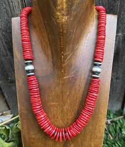 Southwestern Sterling Silver Graduated Bamboo Red Coral Bead Necklace 18 inch - Picture 1 of 12