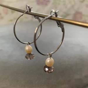 Handmade Hoop Earrings With Pearls & Grey Crystals Gift - Picture 1 of 8