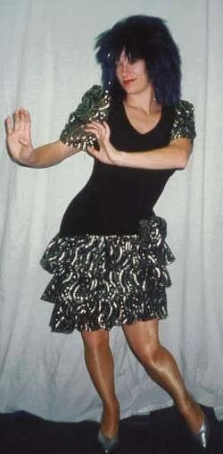 80's Prom Dancing Dress Stretch Bodice above knee SiL Puff Sleeve Skirt Free Cup - Image 1 of 1