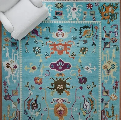 Modern Oushak Hand Knotted Floral Rug 9x12 Blue 100% Wool Carpet for Living Room - Image 1 of 4