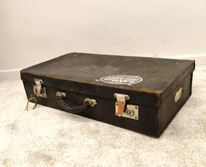 Valigia in pelle nera vintage rigida doppia serratura con chiave anni 40 d'epoca - Picture 1 of 13