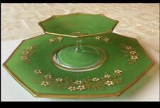Early 2 Pc Serving Tray Plater Hand Painted Jade Green VINTAGE SERVING SET JAPAN