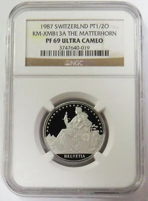 1987 PLATINUM SWITZERLAND 1/2 OZ MATTERHORN NGC PROOF 69 ULTRA CAMEO - Image 1 of 2