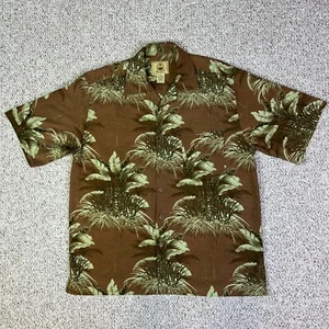 Joe Marlin Hemd Herren XL braun grün Blätter Hawaii Seide Knopfleiste Camp Freizeit - Bild 1 von 9