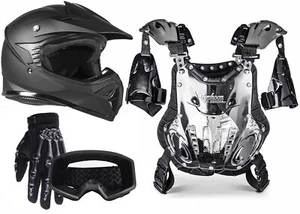 Matte Black Helmet Combo Youth Chest Protector 75-100lbs Gloves Goggles DOT ATV - Picture 1 of 12