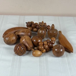 Vtg Retro MCM Wooden Fruit Veggie Lot Hand Carved 13 Pieces Grapes Banana - Picture 1 of 4