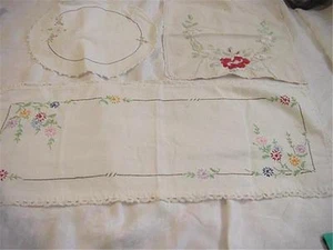 Vintage Embroidered Linen Runners- 3 Pcs. All Different Shapes Sizes PRETTY! - Picture 1 of 4