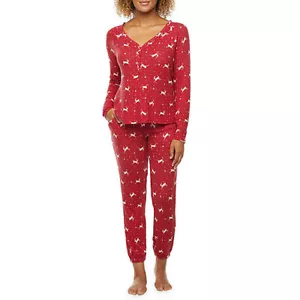 AMBRIELLE L Pajama Set Henley Waffle Red Deer 2 pc Pajama Jogger Pants Top New - Picture 1 of 2