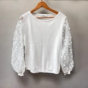 Sioni Milano White Knit Sweater With Embroidered Sheer Sleeves- Sz. M - Picture 1 of 5