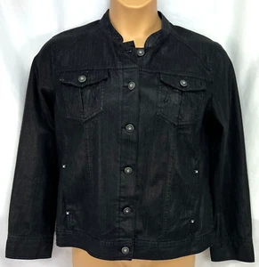 CHICOS Black Jacket 2 (M) Mandarin Collar Long Sleeves 4 Pockets Buttons Studs - Picture 1 of 11