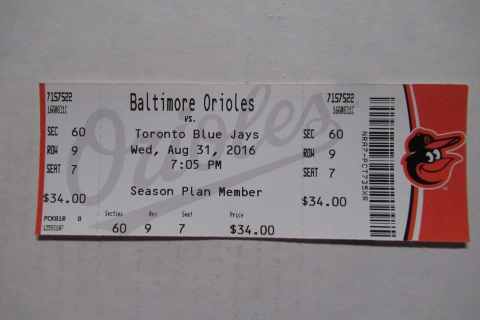 ORIOLES VS BLUE JAYS 8/31/2016 FULL TICKET ~ BAUTISTA/MARTIN/SCHOOP+ HRs - Image 1 of 1