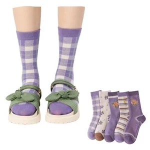 Flower Socks Women 5 Pairs Cute Retro Preppy High Ankle Cotton Sock Stripe Pl... - Picture 1 of 7