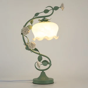 Green Flower Petal Table Lamp Bedroom Bedside Flower Night Light Glass Lampshade - Picture 1 of 20