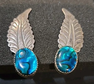 SIGNED KF NAVAJO LEAF NATIVE INDIAN STERLING SILVER ABALONE EARRINGS - Picture 1 of 12