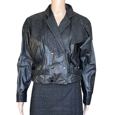 Chaqueta De Colección Años 80 G-III Cuero Negro Estampado Animal Recortada Moto Bomber Para Mujer Talla M Foto 1 de 4