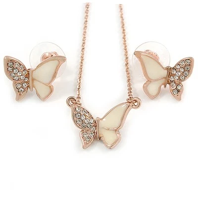 Colgante Mariposa Cristal Austríaco Transparente Esmalte Crema con Cadena Tono Oro Rosa Foto 1 de 4