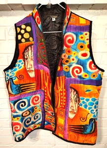 Dilemma Dhun Shroff ML Hand-Painted Hand-Quilted Silk Vest Wearable Art Faces - Picture 1 of 20