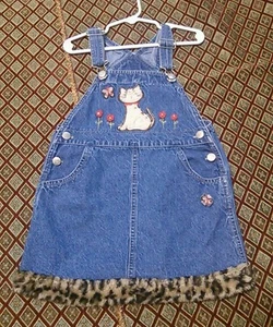 Young Hearts Dress 4T Denim Overalls Jumper Embroiled Cheetah Cat Floral EUC - Picture 1 of 4