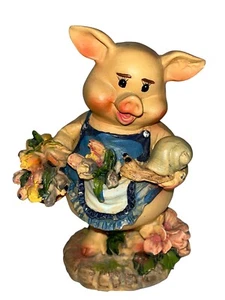 Pig Resin Figure Holding Snail And Flowers Basket Farm Collectible 5" - Picture 1 of 10