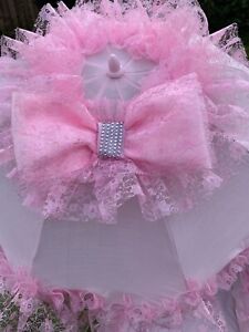 Very Frilly Pink Pesci Baby Parasol  Pram Pushchair Universal Sunshade - Romany