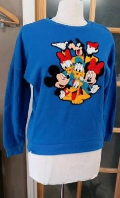Disney  Sweatshirt Mickey Characters Blue Womens Sz S Embroidered Crewel NWT - Image 1 of 4