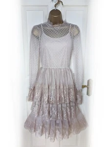 BOOHOO Dusky Pink Sheer Lace Tulle Tiered Ruffle Dress, Size 8 - BNWT - Picture 1 of 9
