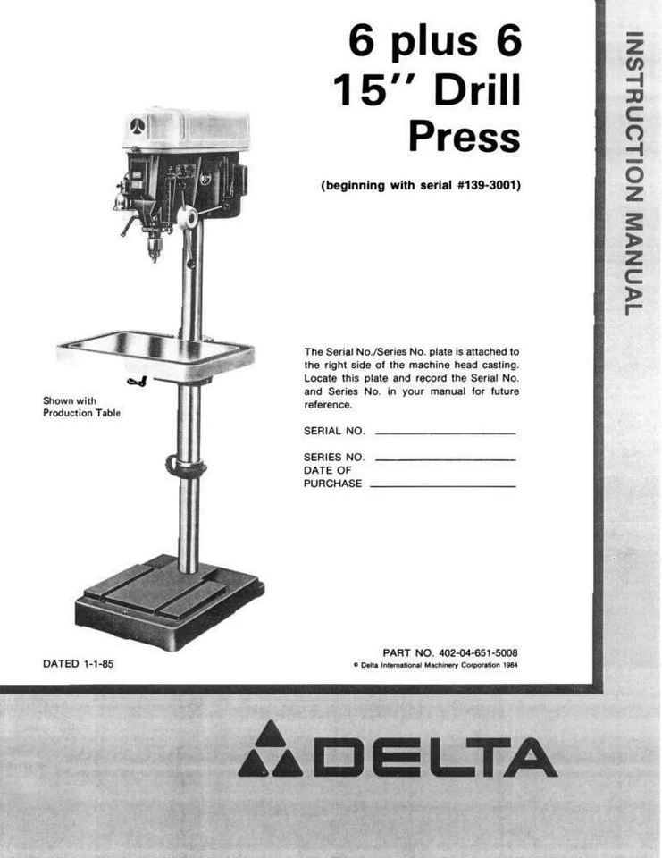 Delta 15-262 6 plus 6 15" Drill press Instruction Manual - Image 1 of 1