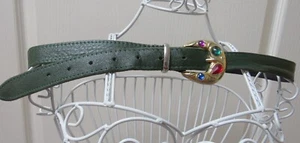 Vintage 80s Dark Green Leather Belt Multi Color Jewels Embellished Adjustable - Picture 1 of 4
