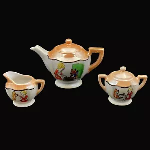 Little Orphan Annie Vtg 1930s Child Tea Set Lusterware Teapot Cream Sugar Lids - Picture 1 of 24