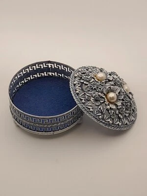 Florenza Jeweled Enameled Faux Pearls Rhinestones Floral Trinket Ring Box Vtg - Image 1 of 4
